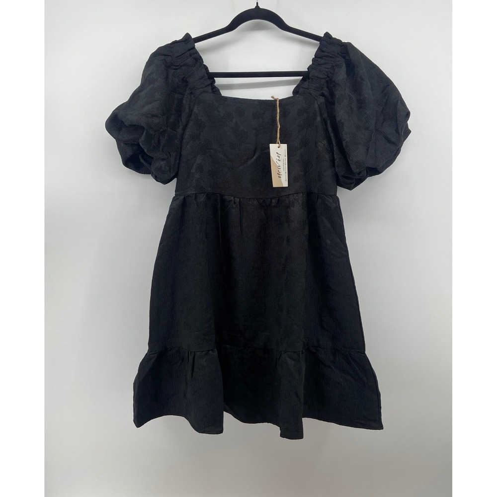 New In Black Floral Jacquard Puff Sleeve Mini Dress Holiday Babydoll Square Neck